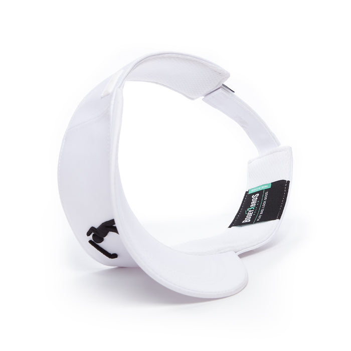 The Bogeyman White/Black – Visor has a curved brim, adjustable back strap, and sweat-resistant performance fabric with an interior “Dome Sports” label. Shown upright in a circular shape against a plain white background.