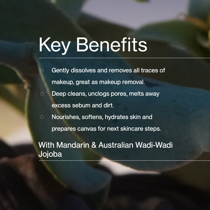 Text detailing key benefits of a skincare product with a blurred background