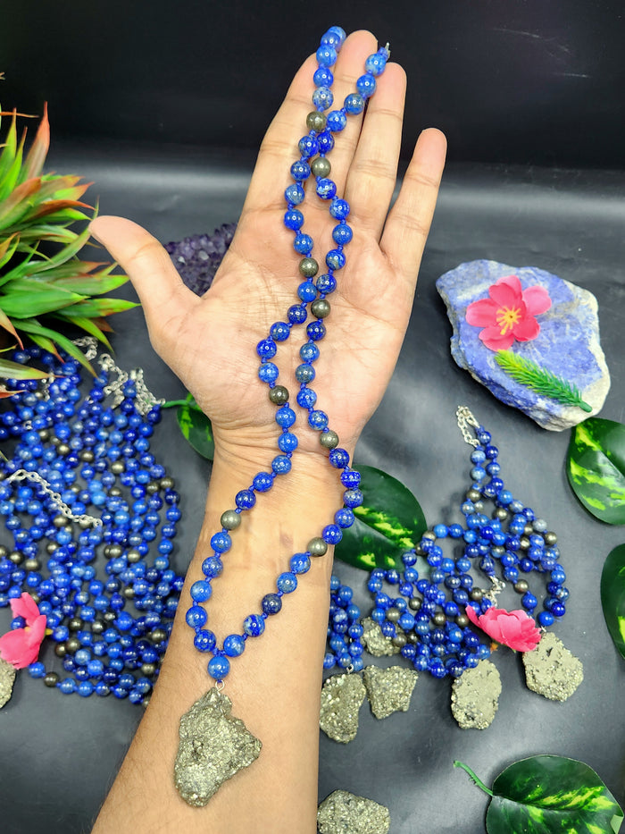 Lapis Lazuli and Pyrite 8mm Bead Mala with Pyrite Rough Pendant | Gemstone Necklace | Birthday Gift | ONE PIECE ONLY - Shwasam