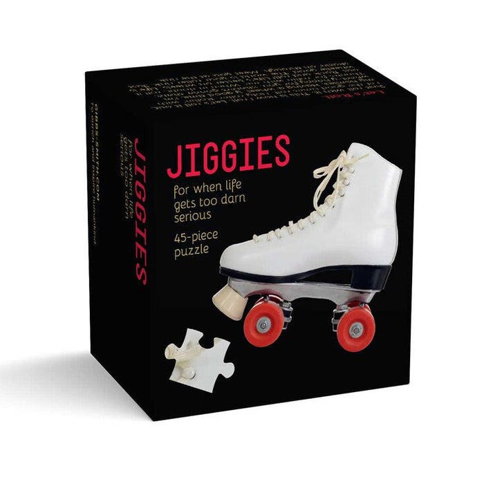 Jiggies puzzle box with a roller skate design on a white background