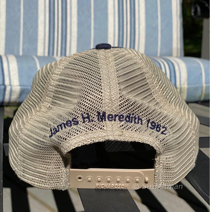 SOLD OUT-----Limited Edition Navy Blue New Miss Curved brim Trucker hat with tan mesh back- unstructured fit