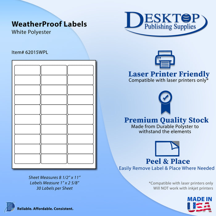 Waterproof Labels - 1" x 2-5/8" (30up) - White