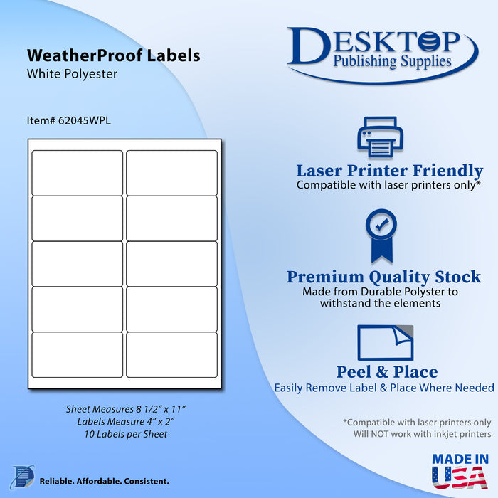 Waterproof Labels - 4" x 2" (10up) - White