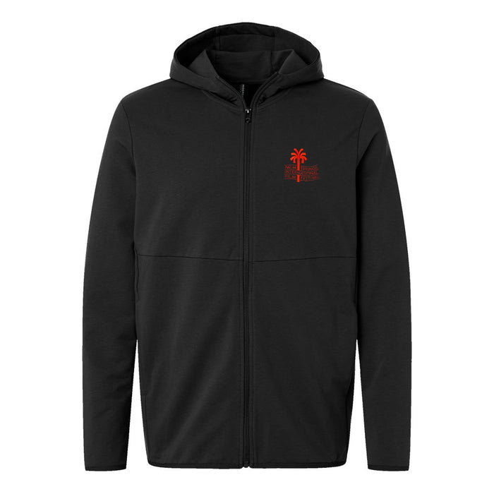 Black hoodie with a red palm tree design on the chest against a white background