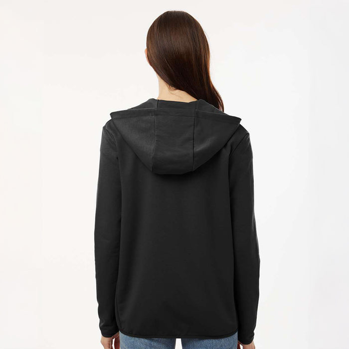 Person wearing a black hooded jacket on a white background