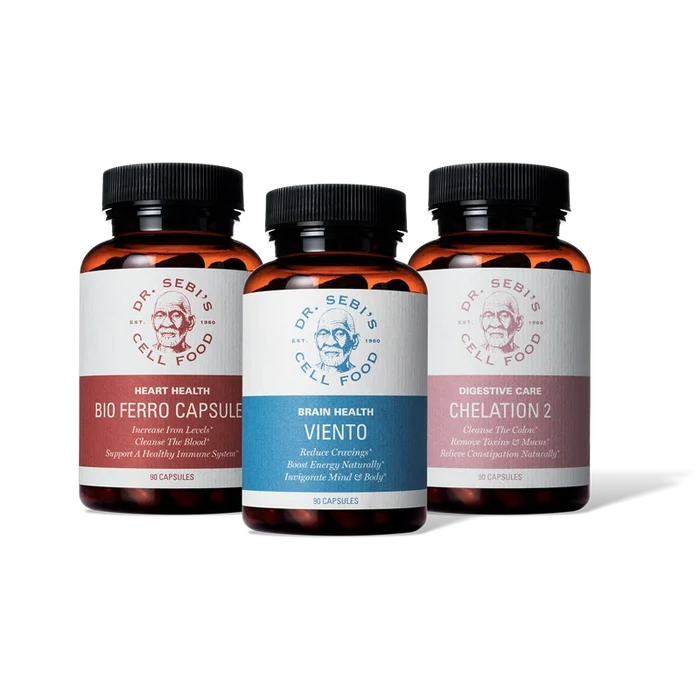 Three Dr. Sebi Cell Food supplement bottles: Bio Ferro Capsule for heart health, Viento for brain health, and Chelation 2 ...