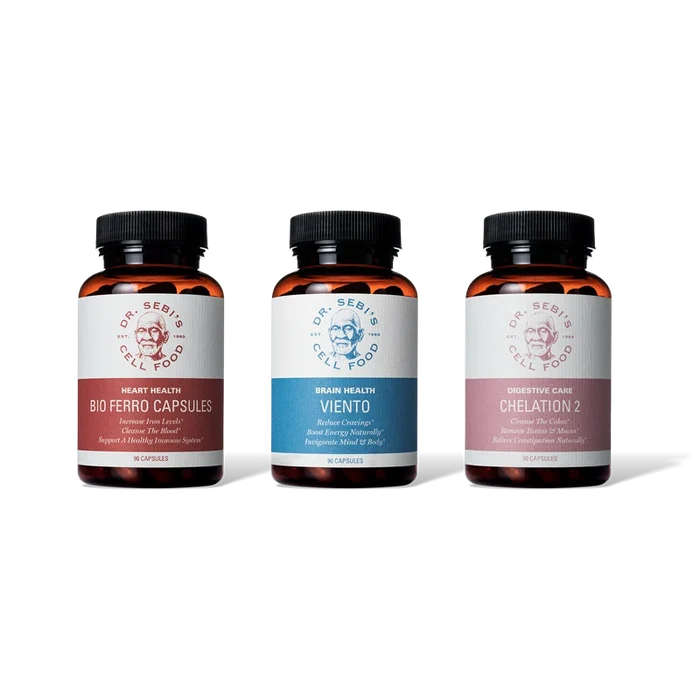 Three amber glass bottles of Dr. Sebi's herbal supplements: Bio Ferro Capsules, Viento, and Chelation 2, displayed against...