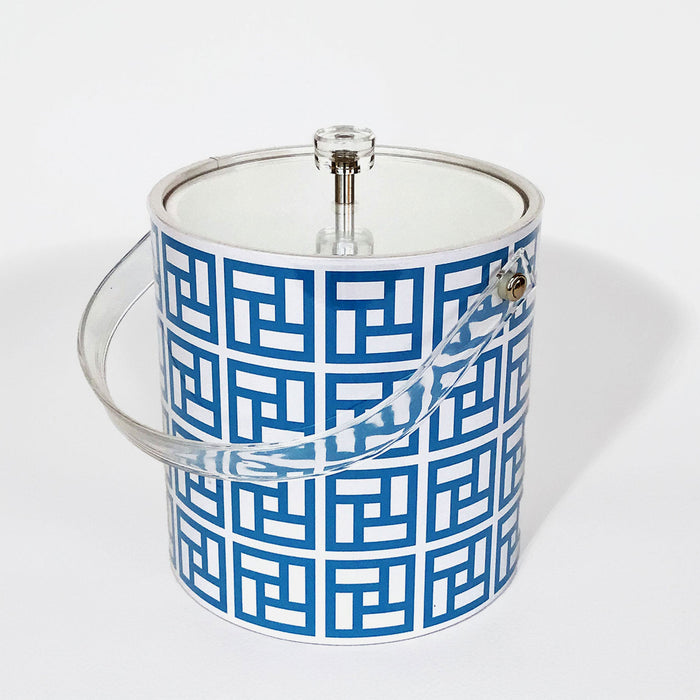 Clear ice bucket with blue geometric pattern on a white background