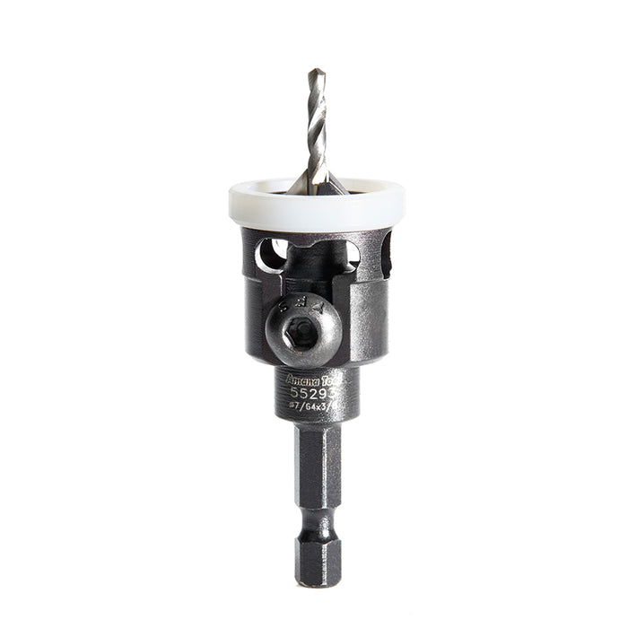 55293 - 82 Deg Countersink w Adj Low Friction Depth Stop, 3/8 Dia x 7/64 Drill Dia x 1/4 Inch Quick Release Hex Shank