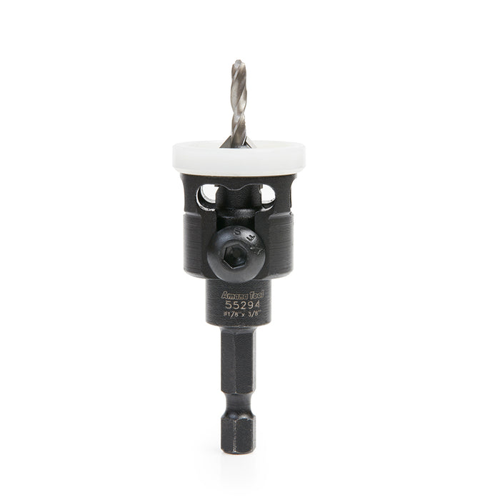 55294 - 82 Deg Countersink w Adj Low Friction Depth Stop, 3/8 Dia x 1/8 Drill Dia x 1/4 Inch Quick Release Hex Shank