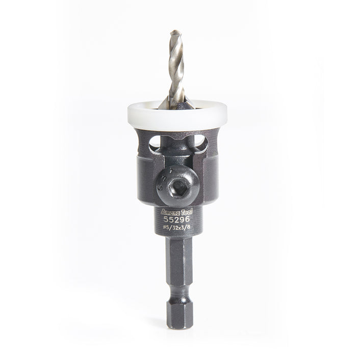 55296 - 82 Deg Countersink w Adj Low Friction Depth Stop, 3/8 Dia x 5/32 Drill Dia x 1/4 Inch Quick Release Hex Shank