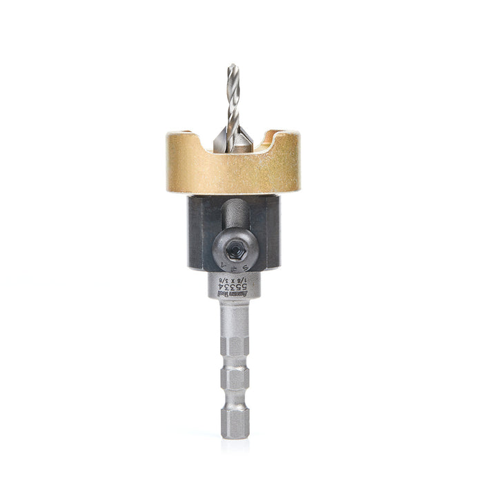 55334 - 82 Deg w Adj. Depth Stop w No-Thrust BB, Hybrid for Festool® CENTROTEC® System 3/8 Dia x 1/8 Drill Dia x 1/4 Inch Quick Release Hex Shank