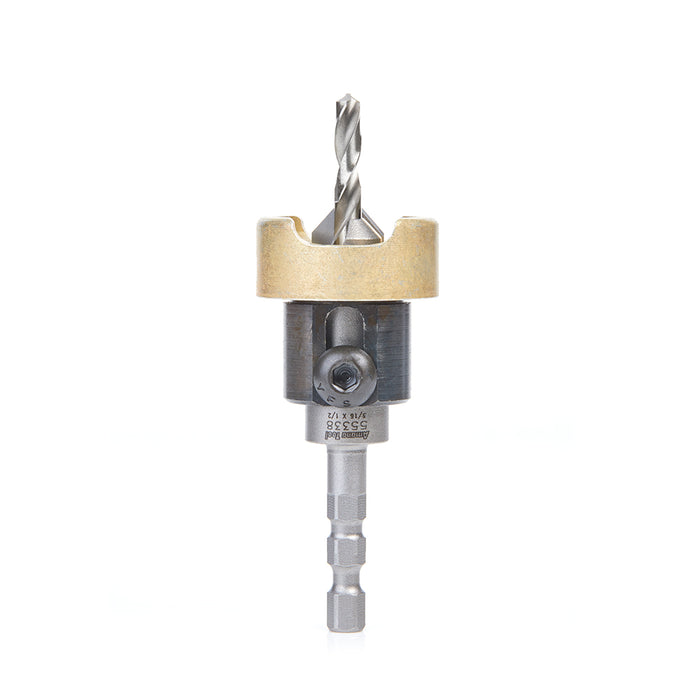55338 - 82 Deg w Adj. Depth Stop w No-Thrust BB, Hybrid for Festool® CENTROTEC® System 1/2 Dia x 3/16 Drill Dia x 1/4 Inch Quick Release Hex Shank