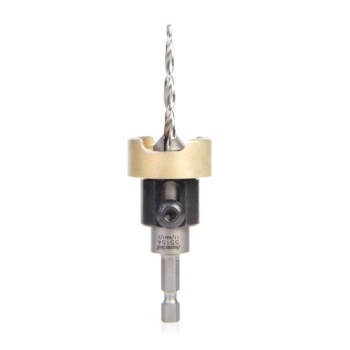 55154 - 82 Deg w Tapered Drill & Adj. Depth Stop w No-Thrust BB, 1/2 Dia x 11/64 Drill Dia x 1/4 Inch Quick Release Hex Shank