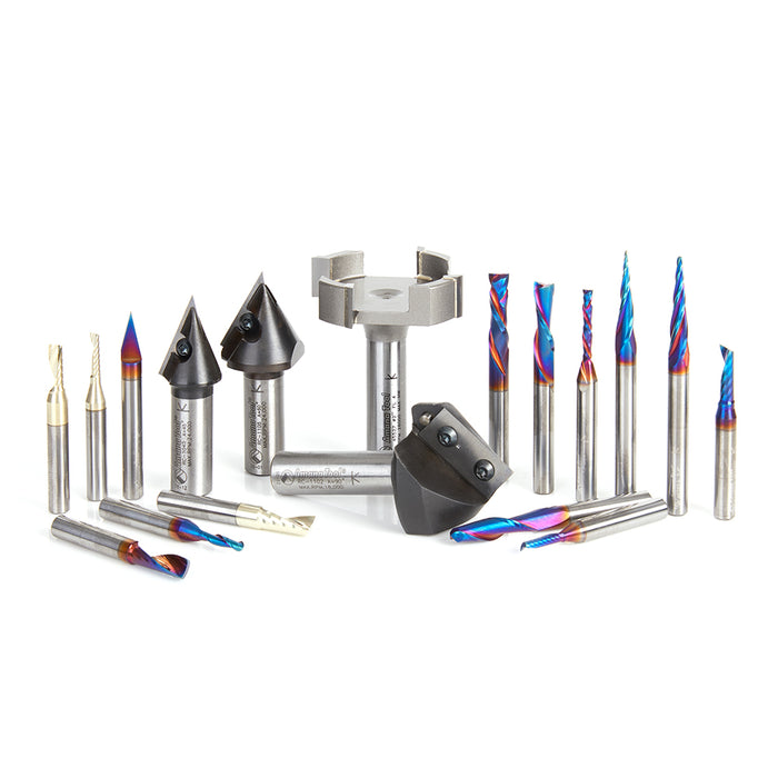 AMS-222 18-Pc Ultimate Signmaking CNC Router Bit Collection, 1/4 & 1/2 Inch Shank