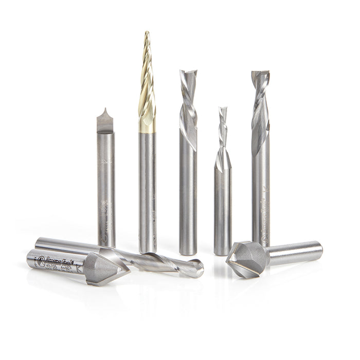 AMS-177 8-Pc Collection featuring V-Grooves, Point Roundover and Multi-Purpose Bits, 1/4 Inch Shank