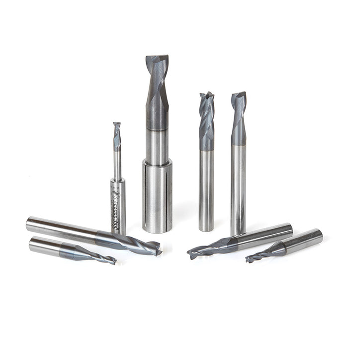 AMS-152 8-Pc Set, Solid Carbide Spiral, CNC End Mill / Bit Collection for Stainless Steel, Steel & Composite, 1/8, 1/4 & 3/8 Inch Shank