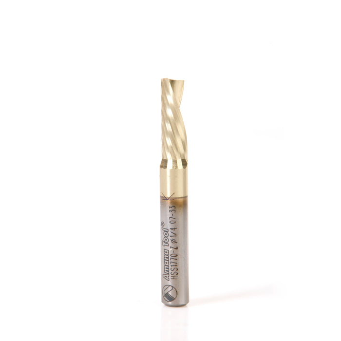 HSS1770-Z - Spiral 'O' Single Flute 1/4 Dia x 5/8 x 1/4 Inch Shank Down-Cut ZrN Coated