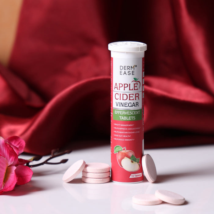 Derm Ease Apple Cider Vinegar effervescent tablets with a red floral background