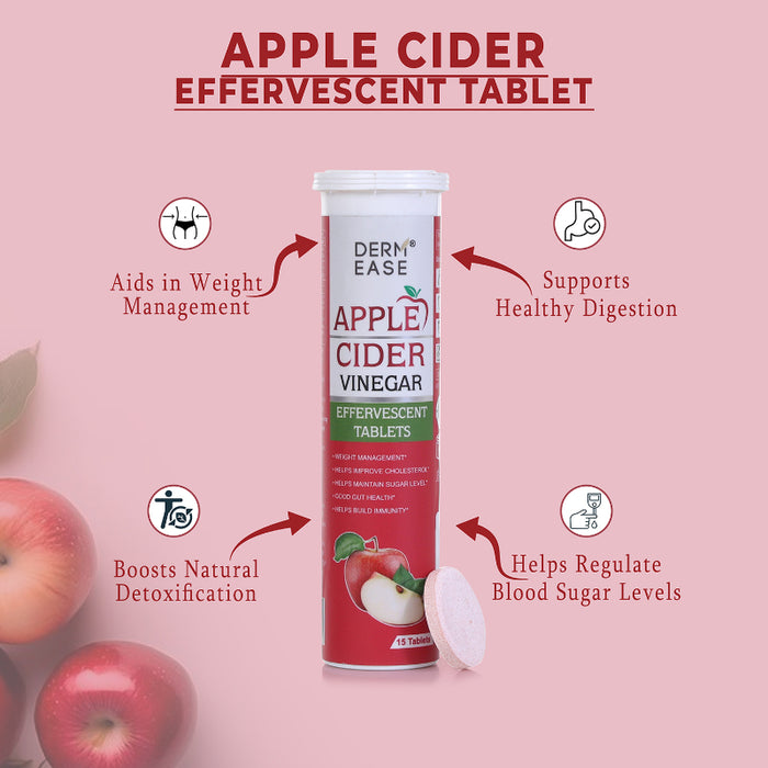 Derm Ease Apple Cider Vinegar Effervescent Tablets can with apples on a pink background