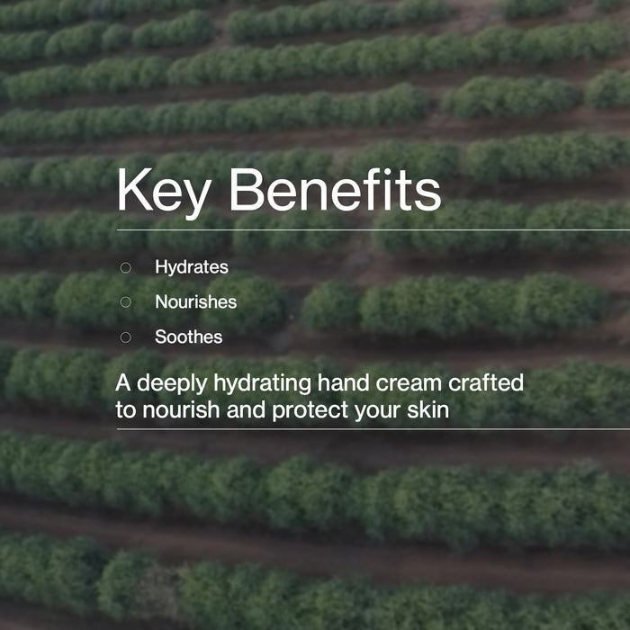 Agricultural field with text overlay about key benefits of a hand cream.