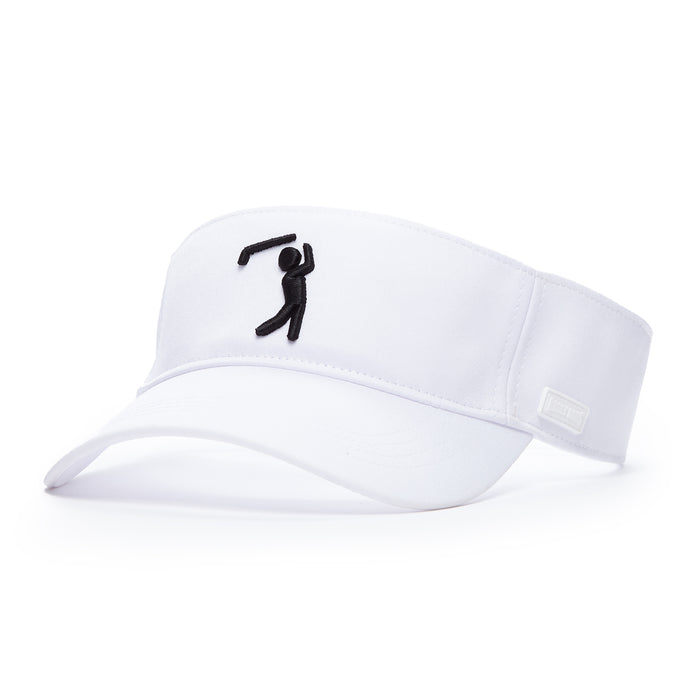 The Bogeyman White/Black Visor features a black embroidered golfer silhouette on the front panel, crafted from performance fabric with a curved brim and adjustable strap for comfort. Its smooth, structured material resists sweat stains.