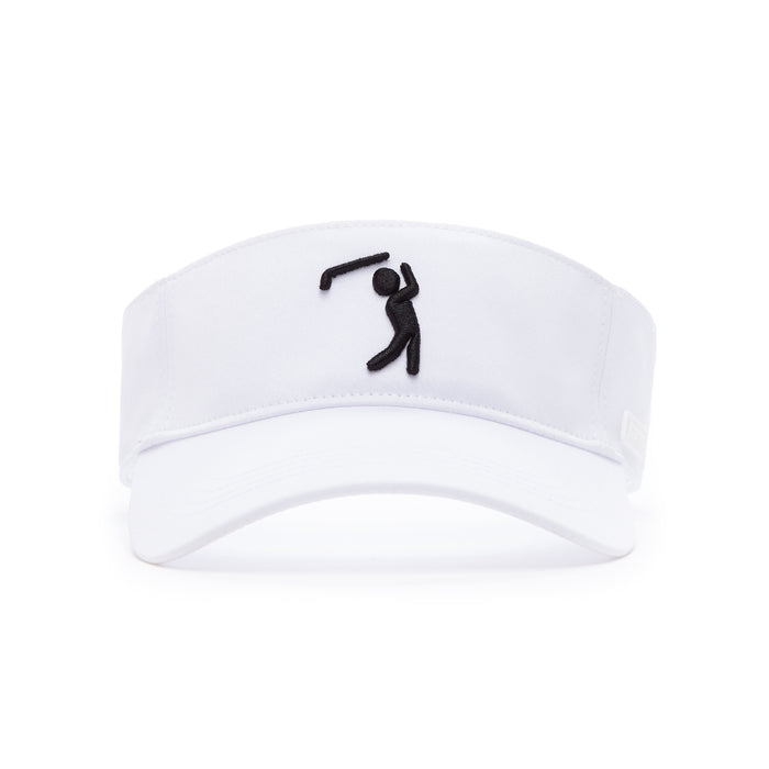 The Bogeyman White/Black - Visor features a black embroidered golfer silhouette on the front. Made with performance material, it has an adjustable strap and clean, minimal design that pops against its plain white background.