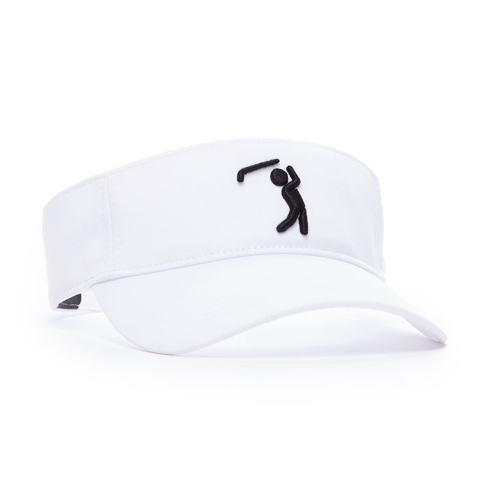 The Bogeyman White/Black - Visor is a white performance sports visor with a black embroidered mid-swing golfer silhouette, shown with its curved brim and sleek design on a plain white background.