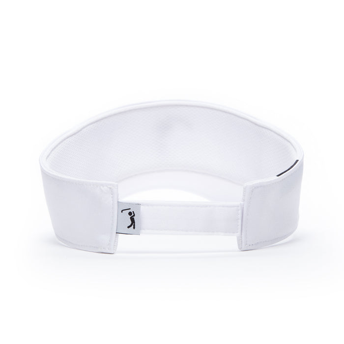 The Bogeyman White/Black Visor is shown from the back, featuring a curved sweat-resistant band and an adjustable strap with a black golfer silhouette, all set against a plain white background for a clean, minimal look.