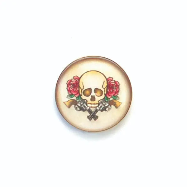 BW2030A26 Acrylic French Tattoo Skull with Roses and Guns Round Shank - 26MM