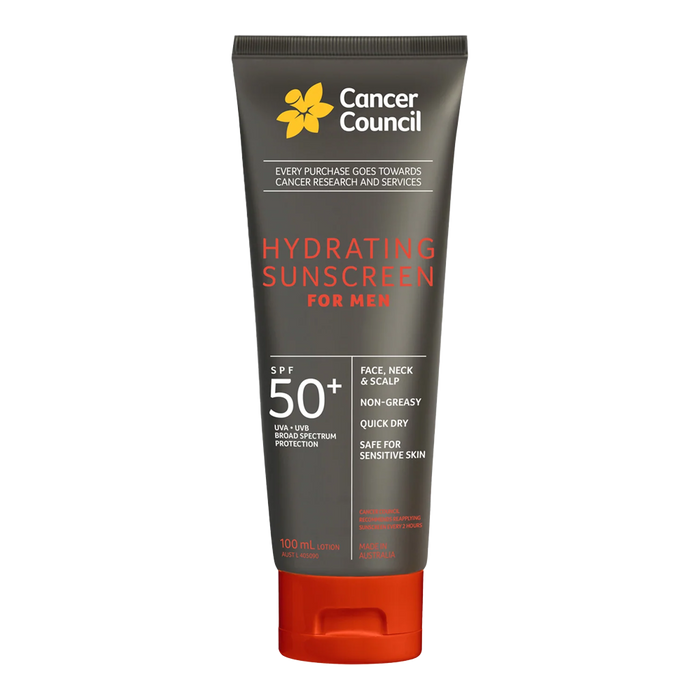 Cancer Council Hydrating Sunscreen for Men SPF50+ 100ml - non-greasy texture and UVA/UVB protection for active, outdoor skin