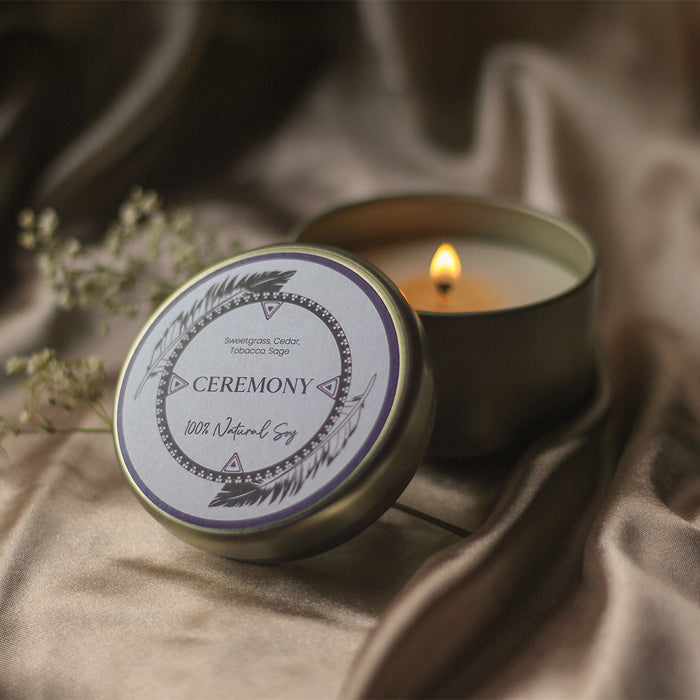 LODGE Soy Candle's 4oz travel tin candle in the scent Ceremony, a perfect gift for a loved one.