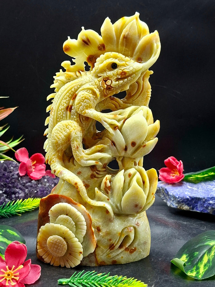 Chameleon Ocean Jasper Crystal Carving | Lotus Symbolism Statue for Balance & Abundance | Home Decor Gift | Weight 1220 gms