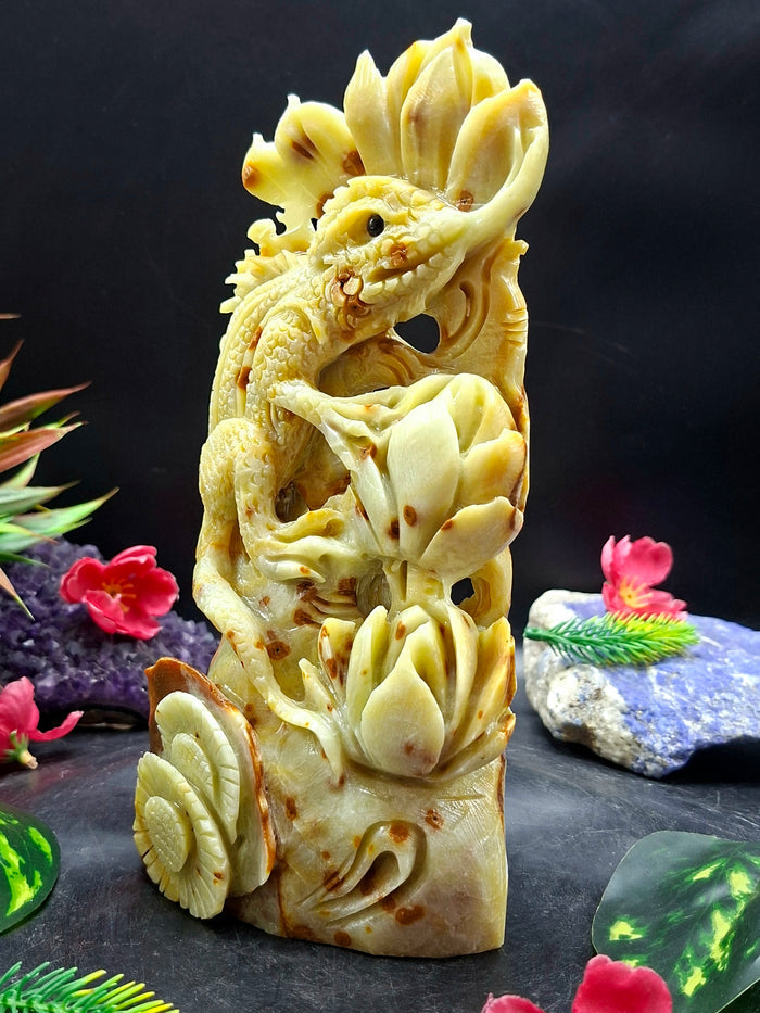 Chameleon Ocean Jasper Crystal Carving | Lotus Symbolism Statue for Balance & Abundance | Home Decor Gift | Weight 1220 gms