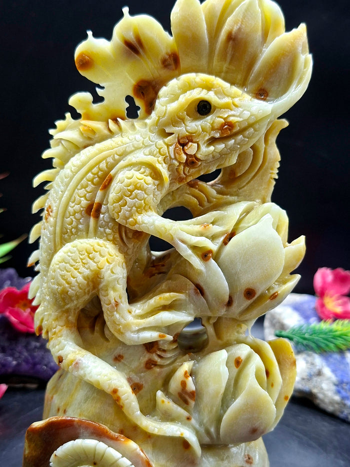 Chameleon Ocean Jasper Crystal Carving | Lotus Symbolism Statue for Balance & Abundance | Home Decor Gift | Weight 1220 gms