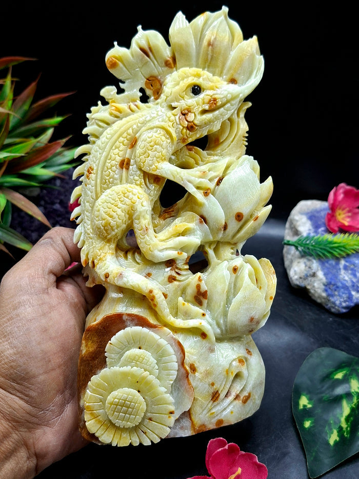 Chameleon Ocean Jasper Crystal Carving | Lotus Symbolism Statue for Balance & Abundance | Home Decor Gift | Weight 1220 gms