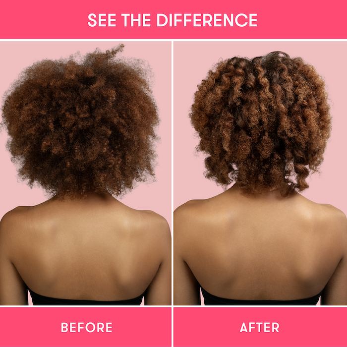 Before and after comparison showing hair before and after using HiBAR shampoo and  bars.