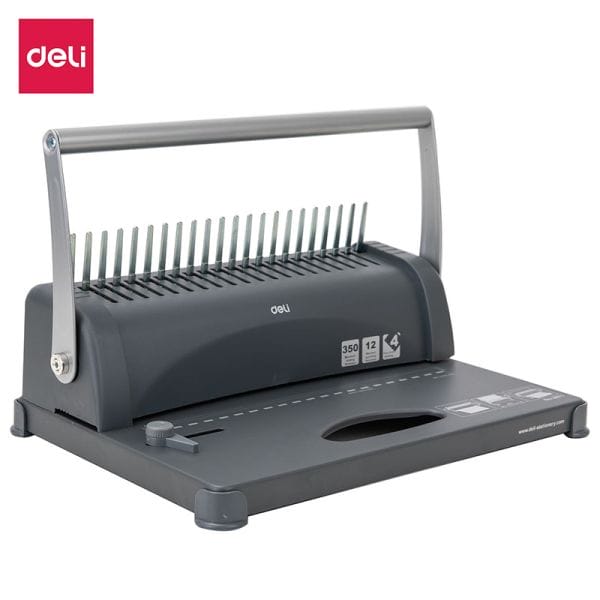Gray office binding machine with Deli logo on a white background