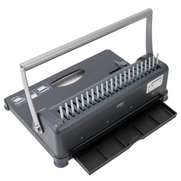 Gray paper binding machine with comb on a white background