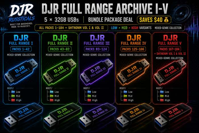 FULL-RANGE PACKAGE #1-5 (5) 32gb USBs Packs 1–190 + SHTNONM VOL1 & VOL2 (low mid high) / No Lanyard