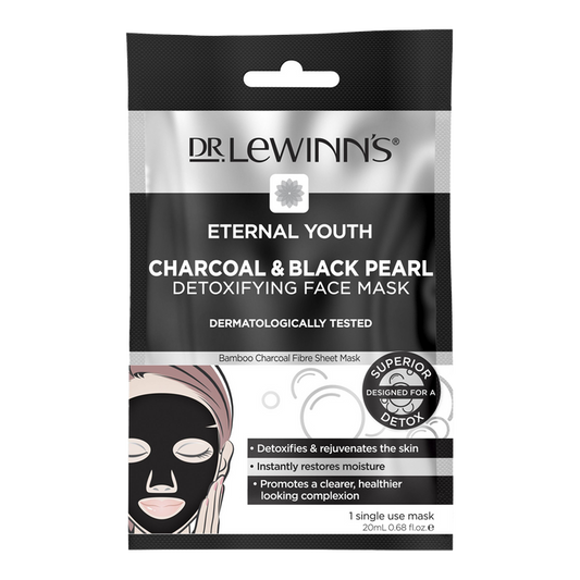 Dr. Lewinn’s Eternal Youth Charcoal & Black Pearl face mask – detoxifying single-use treatment with hydration and antioxidant benefits