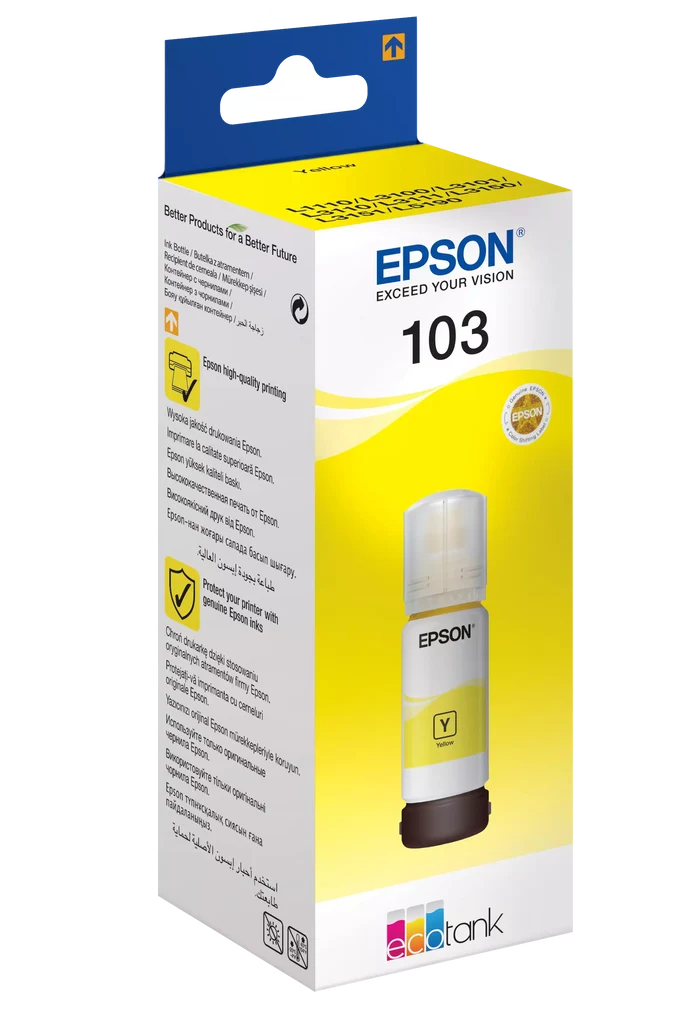 Side view of packaging of Epson 103 EcoTank Yellow Original Ink Bottle