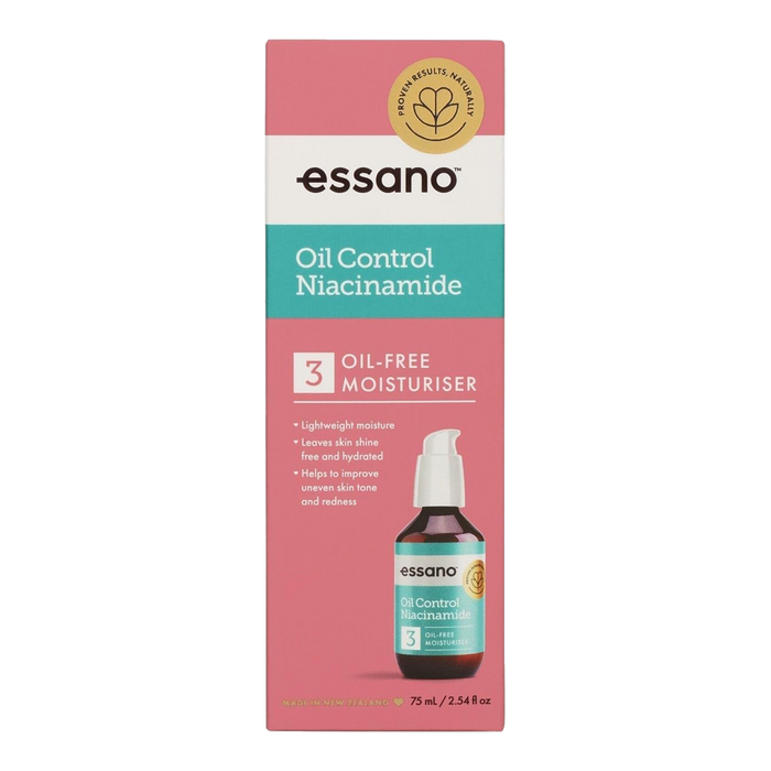 Essano Oil Control Niacinamide Oil-Free Moisturiser bottle, enriched with niacinamide to hydrate and control shine for oily skin