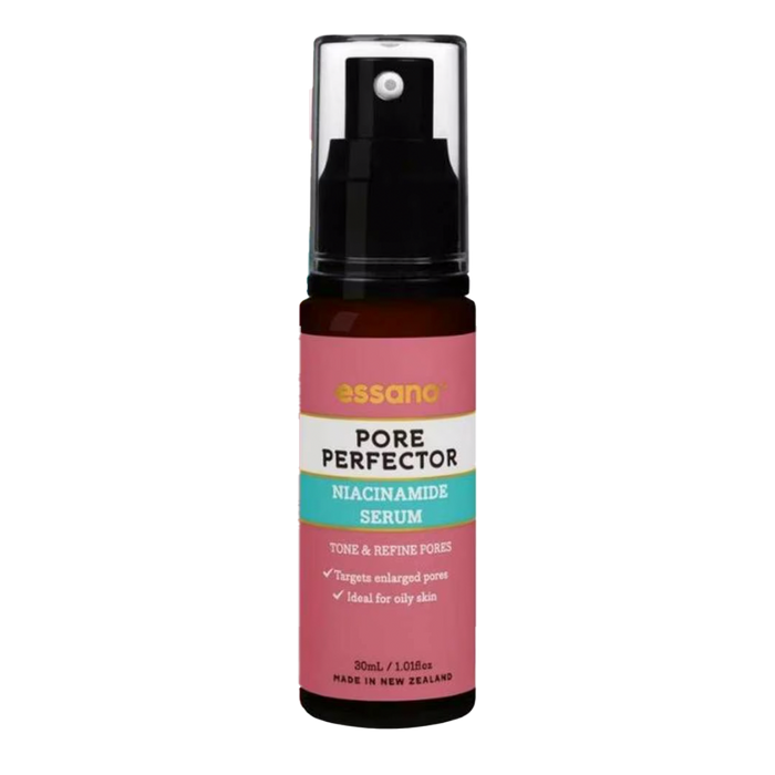 Essano Pore Perfector Niacinamide Serum being applied to refine pores and improve skin tone, leaving the skin smoother and more balanced