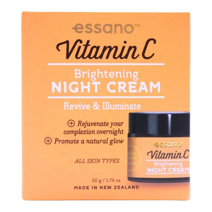 Essano Vitamin C Brightening Night Cream for rejuvenating skin, promoting natural glow, rich in antioxidants, suitable for all skin types.