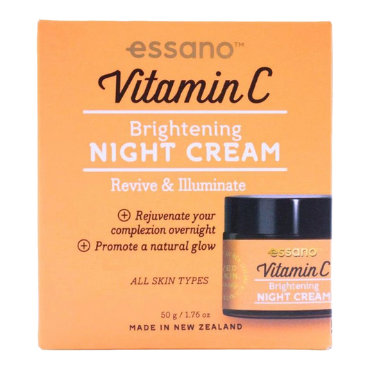 Essano Vitamin C Brightening Night Cream for rejuvenating skin, promoting natural glow, rich in antioxidants, suitable for all skin types.