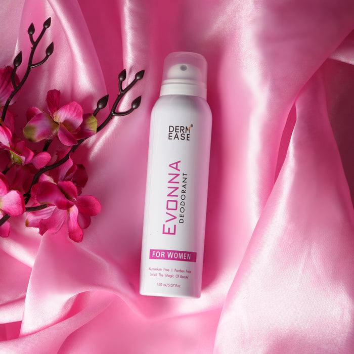 Evonna deodorant bottle on pink fabric with flowers