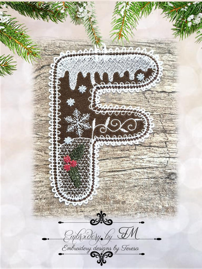 F gingerbread alphabet/5x7 hoop/combination of felt and lace