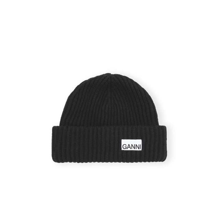 Ganni A4429 STRUCTURED RIB BEANIE, Black - Image 1