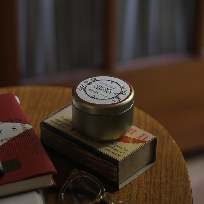 The 4oz travel tin in Giving Thanks from LODGE Soy Candles burns a warm and spicy scent, perfect for the Fall season.